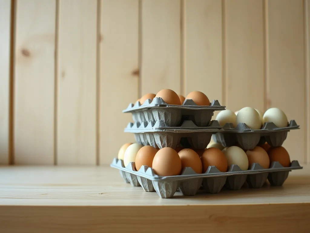 Stacked grey pulp egg flats of brown and pale green eggs on a scrubbed pine counter against a plain board wall.
