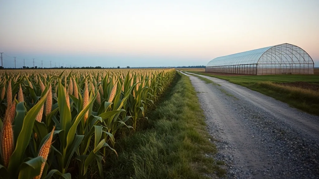 A field of sweet corn beside a gravel lane at dusk with a plastic hoop greenhouse standing at the far end under a flat horizon.