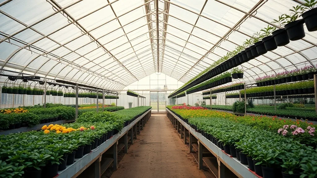The centre aisle of a plastic covered greenhouse, benches crowded with bedding plants and hanging baskets on both sides, the roof glowing with outside light.